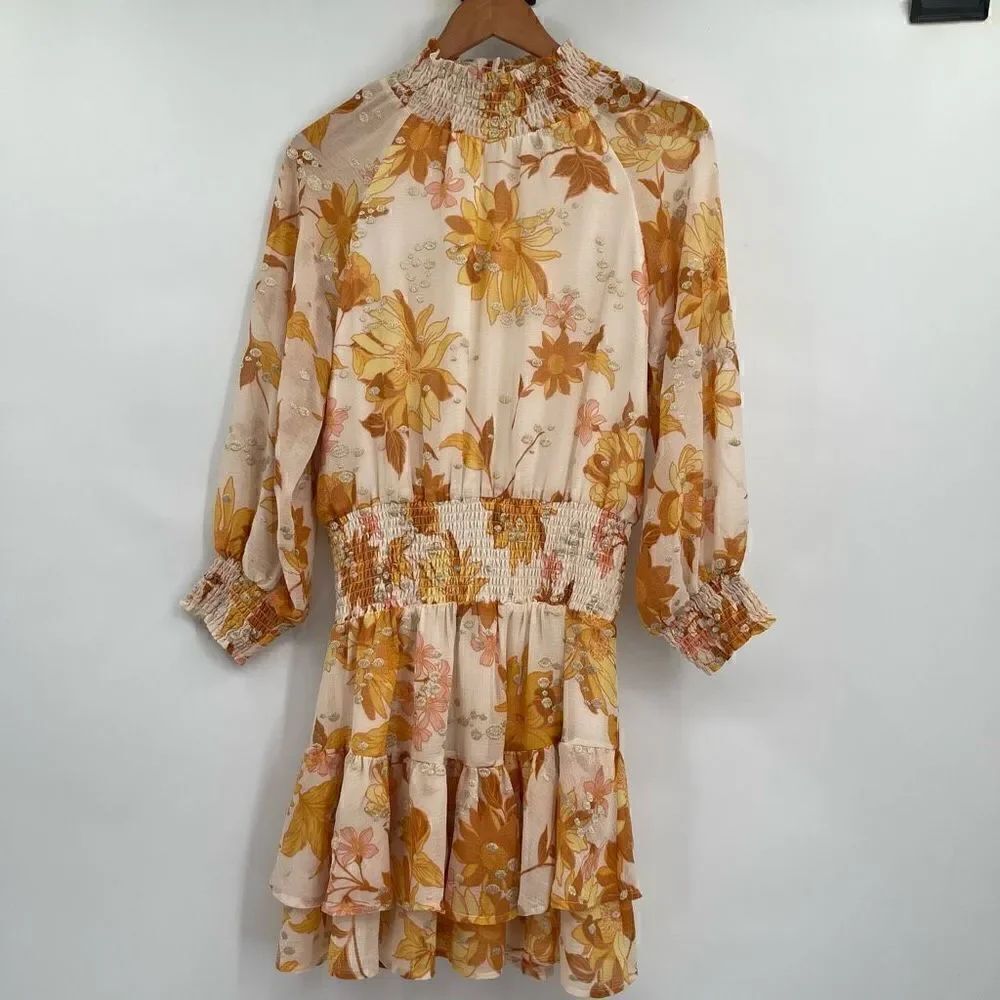 BTFL-life Yellow Ambrielle Floral Smocked Long Sleeve Mini Dress Small